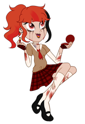 Size: 2064x3000 | Tagged: safe, artist:kb-gamerartist, artist:rose-blade, oc, oc only, oc:sweet craze, human, equestria girls, g4, bandage, base used, blood, clothes, commission, crying, ear piercing, earring, equestria girls-ified, eyeshadow, female, fingerless gloves, flats, gloves, high res, jewelry, lip piercing, lipstick, makeup, mirror, multicolored hair, necktie, nose piercing, open mouth, piercing, ripped stockings, running makeup, running mascara, school uniform, shoes, simple background, skirt, solo, stockings, tattoo, thigh highs, torn clothes, transparent background