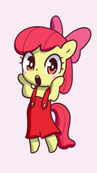 Size: 785x1401 | Tagged: safe, artist:fipoki, apple bloom, earth pony, pony, semi-anthro, g4, adorabloom, arm hooves, blushing, cute, female, filly, foal, looking at you, open mouth, pink background, simple background, solo, suspenders, wow