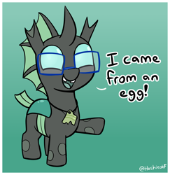 Size: 1448x1488 | Tagged: safe, artist:heretichesh, oc, oc only, oc:yevan, changeling, changeling oc, cute, cuteling, dialogue, eggshell, glasses, gradient background, green changeling, jewelry, necklace, solo, tooth gap