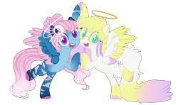 Size: 3492x2071 | Tagged: safe, artist:makotomt, artist:rose-blade, oc, oc only, oc:angel lights, oc:merry skies, angel, angel pony, original species, pegasus, pony, base used, commission, duo, ear piercing, earring, female, glasses, halo, high res, jewelry, lesbian, markings, multiple wings, oc x oc, open mouth, piercing, shipping, simple background, transparent background, unshorn fetlocks, wings