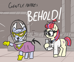 Size: 2695x2260 | Tagged: safe, artist:t72b, moondancer, mr. waddle, earth pony, pony, unicorn, g4, aqua teen hunger force, beaker, clothes, doctor weird, duo, female, glasses, gloves, helmet, high res, hoof hold, lab coat, male, mare, ponified, stallion, steve