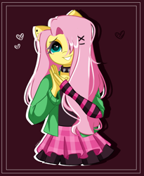 Size: 2285x2785 | Tagged: safe, artist:kittyrosie, fluttershy, pegasus, anthro, dtiys emoflat, g4, alternate hairstyle, choker, clothes, cute, draw this in your style, ear piercing, earring, grin, heart, heart eyes, high res, hoodie, jewelry, piercing, shyabetes, skirt, smiling, solo, spiked choker, tank top, wingding eyes