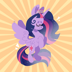 Size: 3500x3500 | Tagged: safe, artist:fizzlefer, twilight sparkle, alicorn, pony, g4, cute, ethereal mane, eyes closed, female, high res, lineless, mare, new crown, smiling, solo, spread wings, starry mane, sunburst background, twiabetes, twilight sparkle (alicorn), wings