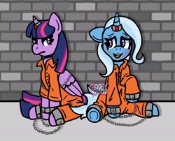 Size: 2600x2100 | Tagged: safe, artist:esmahasakazoo, artist:gooeykazoo, trixie, twilight sparkle, alicorn, pony, g4, bound wings, brick wall, chains, clothes, commissioner:rainbowdash69, high res, horn, horn ring, jail, magic suppression, never doubt rainbowdash69's involvement, prison, prison outfit, prisoner ts, prisoner tx, ring, twilight sparkle (alicorn), wings