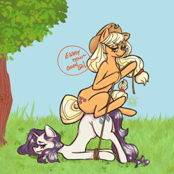 Size: 1000x1000 | Tagged: safe, artist:sizack, applejack, rarity, earth pony, pony, unicorn, g4, bondage, duo, face down ass up, female, good girl, grass, hair tie, hat, hogtied, lasso, lesbian, lip bite, mare, mare on mare, rope, ship:rarijack, shipping, signature, sitting on person, sitting on pony, speech bubble, tree