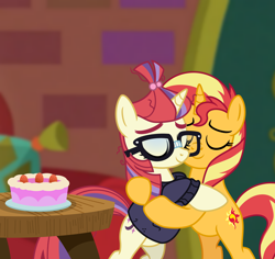 Size: 6012x5664 | Tagged: safe, artist:emeraldblast63, sunset shimmer, pony, unicorn, comic:the tale of two sunsets, g4, absurd resolution, bipedal, cake, clothes, duo, eyes closed, female, food, glasses, hug, mare, standing on two hooves, story included, sweater, table