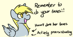 Size: 1457x748 | Tagged: safe, artist:manicpanda, derpy hooves, pegasus, pony, g4, arrow, cute, derpabetes, dialogue, eye clipping through hair, female, folded wings, horse taxes, hypocrisy, hypocritical humor, mare, open mouth, open smile, simple background, smiling, solo, talking, taxes, text, wings, yellow background