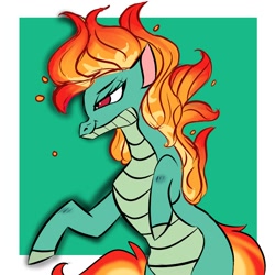 Size: 2000x2000 | Tagged: safe, artist:smokeytwilight, tianhuo (tfh), dragon, hybrid, longma, them's fightin' herds, community related, eyelashes, female, high res, mane of fire, red eyes, simple background, smiling, solo, tail, tail of fire