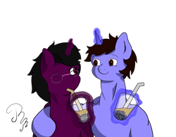 Size: 4500x3500 | Tagged: safe, artist:rachel_rascal, oc, oc only, semi-anthro, arm hooves, arm on shoulder, bubble tea, couple, cute, date, duo, love, magic, simple background, transparent background
