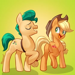 Size: 2500x2500 | Tagged: safe, artist:hexecat, applejack, hitch trailblazer, earth pony, pony, g4, g5, applebutt, butt, cute, duo, duo male and female, eyebrows, eyes closed, female, g5 to g4, generation leap, green background, hat, high res, hitch and his heroine, jackabetes, long mane, male, mare, open mouth, open smile, plot, raised hoof, shadow, signature, simple background, smiling, stallion