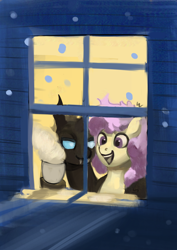 Size: 2480x3508 | Tagged: safe, artist:toisanemoif, oc, oc only, oc:cables, oc:coxa, changeling, pegasus, pony, anisocoria, changeling oc, chocolate, duo, fangs, food, high res, hot chocolate, looking out the window, male, open mouth, pegasus oc, smiling, snow, snowfall, window