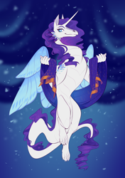 Size: 846x1200 | Tagged: safe, artist:schl4fy, part of a set, rarity, dragon, g4, claws, colored wings, dragoness, dragonified, ears, eyebrows, female, floating, horn, nostrils, raridragon, scales, sky, snout, solo, species swap, unicorn horn, wings