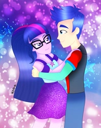 Size: 1621x2048 | Tagged: safe, artist:corlycolor, flash sentry, sci-twi, twilight sparkle, human, equestria girls, g4, dancing, duo, duo male and female, female, glasses, holding each other, long hair, looking at each other, looking at someone, male, ship:flashlight, ship:sci-flash, shipping, straight