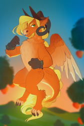 Size: 807x1200 | Tagged: safe, artist:schl4fy, part of a set, applejack, dragon, g4, apple, apple tree, applejack's hat, chest fluff, claws, clothes, cowboy hat, dragoness, dragonified, dragonjack, ears, eyebrows, female, floating, gloves, hat, horns, nostrils, orchard, pegasus wings, sky, snout, solo, species swap, tree, wings