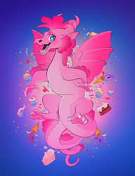 Size: 920x1200 | Tagged: safe, artist:schl4fy, part of a set, pinkie pie, dragon, g4, cake, claws, confetti, cupcake, dragoness, dragonified, ears, eyebrows, female, floating, food, gradient background, horns, nostrils, open mouth, open smile, pinkiedragon, smiling, snout, solo, species swap, wingding eyes, wings