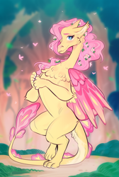 Size: 807x1200 | Tagged: safe, artist:schl4fy, part of a set, fluttershy, dragon, g4, cheek fluff, chest fluff, claws, colored wings, dragoness, dragonified, ears, eyebrows, female, floating, flower, flower in hair, flutterdragon, forest, hair over one eye, horns, nostrils, snout, solo, species swap, wings