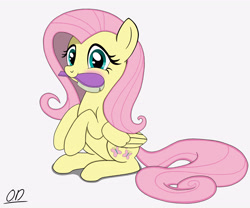 Size: 3856x3211 | Tagged: safe, artist:oleniandeer, fluttershy, pegasus, pony, g4, blushing, brush, cute, female, folded wings, hairbrush, high res, looking at you, mare, mouth hold, shyabetes, signature, simple background, sitting, smiling, smiling at you, solo, white background, wings