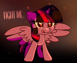 Size: 1600x1302 | Tagged: safe, artist:lbrcloud, twilight sparkle, alicorn, pony, g4, dialogue, fight me, flaming eyes, frown, glare, open mouth, solo, spread wings, twilight sparkle (alicorn), wingding eyes, wings