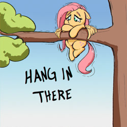 Size: 1000x1000 | Tagged: safe, artist:inkypuso, fluttershy, pegasus, pony, g4, adorable distress, cute, female, floppy ears, gradient background, hang in there, hanging, holding on, in a tree, mare, outdoors, sad, shivering, shyabetes, solo, spread wings, teary eyes, text, tree, tree branch, wing hands, wings