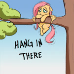 Size: 1000x1000 | Tagged: safe, artist:inkypuso, fluttershy, pegasus, pony, adorable distress, cute, female, floppy ears, gradient background, hang in there, hanging, in a tree, mare, shyabetes, solo, teary eyes, text, tree, tree branch