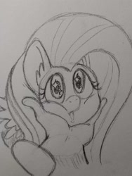 Size: 1536x2048 | Tagged: safe, artist:fullmetalsketch, fluttershy, human, pegasus, pony, g4, female, hand, human on pony petting, monochrome, offscreen character, petting, pov, sketch, solo focus, sparkly eyes, squishy cheeks, traditional art, wingding eyes