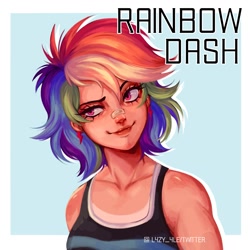 Size: 1400x1400 | Tagged: safe, artist:l4zy_4le, rainbow dash, human, g4, bandaid, bandaid on nose, bare shoulders, bust, eyebrows, female, humanized, light skin, lips, raised eyebrow, signature, sleeveless, solo, tan lines, tomboy