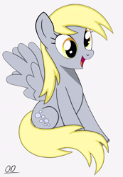 Size: 2270x3273 | Tagged: safe, artist:oleniandeer, derpy hooves, pegasus, pony, g4, derp, female, high res, mare, open mouth, open smile, signature, simple background, sitting, smiling, solo, spread wings, white background, wings
