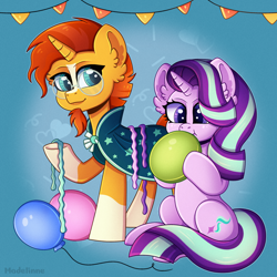 Size: 2500x2500 | Tagged: safe, artist:madelinne, starlight glimmer, sunburst, pony, unicorn, g4, adorkable, balloon, blowing up balloons, cloak, clothes, commissioner:puffydearlysmith, cute, dork, duo, ear fluff, female, glasses, happy, high res, inflating, male, mare, party, puffy cheeks, sitting, stallion, streamers, sunburst's cloak