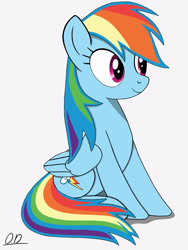 Size: 2250x3000 | Tagged: safe, artist:oleniandeer, rainbow dash, pegasus, pony, g4, female, folded wings, high res, mare, signature, simple background, sitting, solo, white background, wings