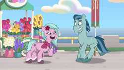 Size: 640x360 | Tagged: safe, screencap, dahlia, rufus, earth pony, pony, g5, my little pony: tell your tale, neighfever, spoiler:g5, spoiler:my little pony: tell your tale, spoiler:tyts01e16, animated, clothes, duo, female, flower, gif, male, mare, running away, scarf, stallion