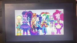 Size: 1280x720 | Tagged: safe, editor:marcoequestrian98, screencap, applejack, fluttershy, pinkie pie, rainbow dash, rarity, sci-twi, spike, spike the regular dog, sunset shimmer, twilight sparkle, dog, human, equestria girls, g4, my little pony equestria girls: legend of everfree, background removed, crystal guardian, hat, humane five, humane seven, humane six, photo, picture of a screen