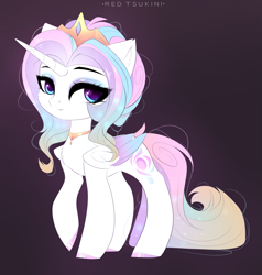 Size: 2657x2793 | Tagged: safe, artist:red_tsukini, oc, oc only, alicorn, pony, alicorn oc, commission, crown, female, folded wings, gradient background, high res, horn, jewelry, looking at you, magical lesbian spawn, mare, offspring, parent:princess celestia, parent:rarity, parents:rarilestia, raised hoof, regalia, signature, solo, wings