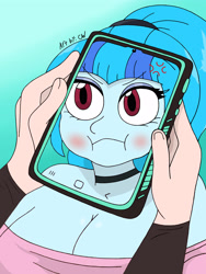 Size: 4000x3000 | Tagged: safe, artist:c_w, sonata dusk, human, equestria girls, g4, angry, blushing, breasts, busty sonata dusk, couple, cute, eyelashes, eyeshadow, gradient background, hand, human male, looking at you, madorable, makeup, male, phone, phone screen, selfie