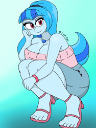 Size: 4000x3000 | Tagged: safe, artist:c_w, sonata dusk, human, equestria girls, g4, barefoot, bracelet, breasts, busty sonata dusk, cleavage, clothes, eyelashes, eyeshadow, feet, gradient background, hand on cheek, high heels, jewelry, kneeling, looking at you, makeup, necklace, shoes, sleeveless, sleeveless sweater, smiling, smiling at you, solo, sweater