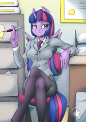 Size: 2171x3070 | Tagged: safe, artist:mysticalpha, twilight sparkle, alicorn, anthro, g4, breasts, business suit, businessmare, busty twilight sparkle, chair, clothes, crossed legs, female, high res, looking away, mare, necktie, office chair, pantyhose, pen, sitting, smiling, solo, twilight sparkle (alicorn)