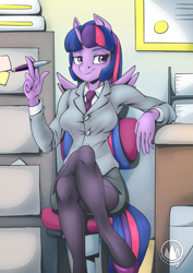 Size: 2171x3070 | Tagged: safe, alternate version, artist:mysticalpha, twilight sparkle, alicorn, anthro, g4, breasts, business suit, businessmare, busty twilight sparkle, chair, clothes, crossed legs, female, high res, looking away, mare, necktie, office chair, pantyhose, pen, sitting, smiling, solo, twilight sparkle (alicorn)