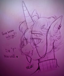 Size: 3041x3583 | Tagged: safe, artist:dsstoner, fancypants, oc, pony, undead, unicorn, vampire, g4, clothes, ear piercing, earring, fangs, glasses, high res, jewelry, kinsona, male, piercing, ponysona, redesign, solo, stallion, sweater, traditional art, turtleneck