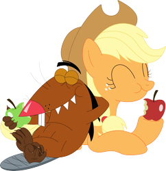 Size: 3428x3538 | Tagged: safe, artist:porygon2z, applejack, earth pony, pony, g4, angry beavers, apple, crossover, cute, daggett doofus beaver, duo, female, food, high res, jackabetes, male, mare, simple background, transparent background