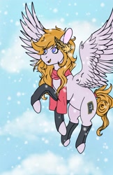 Size: 1263x1952 | Tagged: safe, artist:berrybunne, oc, oc only, oc:cookie byte, pegasus, pony, clothes, flying, pegasus oc, scarf, snow, snowfall, solo
