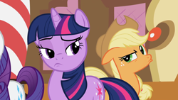 Size: 1920x1080 | Tagged: safe, screencap, applejack, rarity, twilight sparkle, earth pony, pony, unicorn, g4, season 2, the mysterious mare do well, 1080p, ears back, female, mare, not bad, pouting, sugarcube corner, trio, unicorn twilight