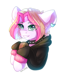 Size: 2080x2449 | Tagged: safe, artist:yuris, oc, oc only, oc:lazzy butt, earth pony, pony, art trade, clothes, donut, ears back, food, high res, piercing, simple background, smiling, socks, solo, trade, transparent background