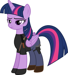 Size: 4127x4544 | Tagged: safe, artist:edy_january, artist:starryshineviolet, edit, part of a set, vector edit, twilight sparkle, alicorn, pony, g4, base used, belt, boots, clothes, cosplay, costume, crossover, fn 57, free to use, gloves, gun, handgun, knife, leon s. kennedy, link in description, long pants, military, parody, pistol, resident evil, resident evil 4, resident evil 4 remake, shirt, shoes, simple background, solo, t-shirt, tactical pony, transparent background, twilight sparkle (alicorn), vector, weapon