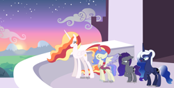 Size: 7921x4024 | Tagged: safe, artist:pastelnightyt, princess celestia, princess luna, oc, oc:chrysanthemum, oc:moonlight lullaby, changepony, hybrid, pony, g4, alternate design, base used, interspecies offspring, offspring, parent:princess celestia, parent:thorax, parents:thoralestia