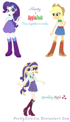 Size: 694x1212 | Tagged: dead source, safe, artist:prettycelestia, applejack, rarity, oc, oc:sparkling apple, human, equestria girls, g4, belt buckle, boots, bracelet, eyeshadow, fusion, fusion:applejack, fusion:rarijack, fusion:rarity, hairclip, high heel boots, jewelry, makeup, multiple arms, shoes, simple background, turquoise eyes, white background