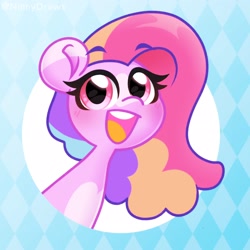 Size: 2480x2480 | Tagged: safe, artist:ninnydraws, oc, oc only, pony, abstract background, blushing, bust, colored eartips, female, high res, looking at you, open mouth, open smile, pale belly, smiling, solo