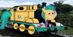 Size: 981x504 | Tagged: safe, artist:allahdaad, edit, editor:allahdaad, hitch trailblazer, twilight sparkle, g5, my little pony: tell your tale, 1000 years in photoshop, bad edit, episode needed, irl, photo, shitposting, thomas and friends, train, wtf