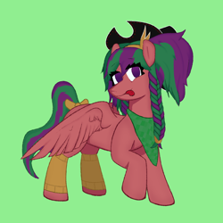 Size: 1400x1400 | Tagged: safe, oc, oc only, oc:littledream, pegasus, pony, braid, clothes, green background, green hair, purple eyes, purple hair, simple background, socks, solo, tongue out