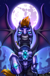 Size: 2000x3000 | Tagged: safe, artist:jedayskayvoker, oc, oc only, oc:blaze (shadowbolt), bat pony, pony, armor, bat wings, evil grin, fangs, grin, high res, looking at you, male, night, night guard, night guard armor, nightmare night, shiny, slit pupils, smiling, smiling at you, solo, spread wings, stallion, wings