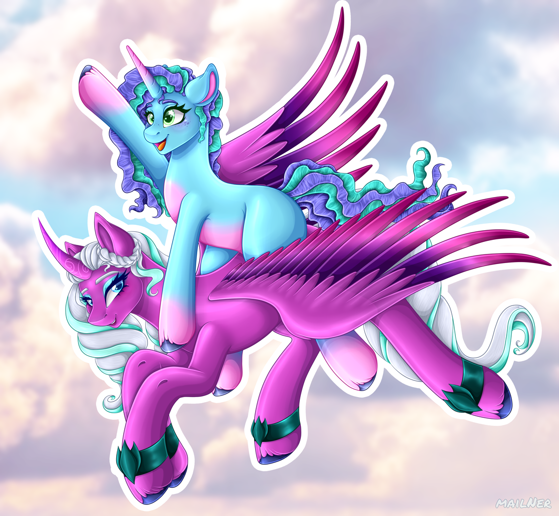 [alicorn,blushing,cloud,cute,digital art,eyelashes,eyeshadow,female,flying,freckles,g5,green eyes,high res,horn,looking back,makeup,mare,misty,open mouth,ponies riding ponies,pony,riding,safe,simple background,sky,unicorn,unshorn fetlocks,wings,white mane,artist:mailner,colored hooves,blue eyes,blue mane,smiling,colored wings,spread wings,curved horn,colored pupils,wholesome,absurd resolution,open smile,my little pony: make your mark,opaline arcana]