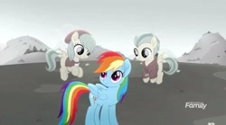 Size: 2160x1199 | Tagged: safe, screencap, barley barrel, pickle barrel, rainbow dash, pegasus, pony, g4, my little pony: rainbow roadtrip, barrel twins, brother and sister, clothes, cute, desaturated, gray, hat, hoodie, hope hollow, siblings, twins